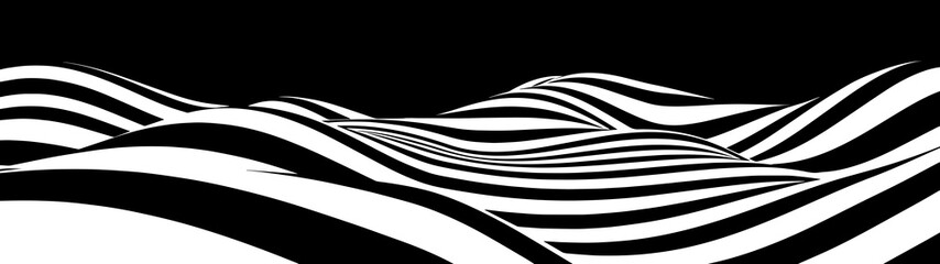 Poster - Abstract wave of white and black curved lines. Hallucination. Optical illusion. Twisted illustration. Futuristic background of lines. Dynamic wave. Vector.