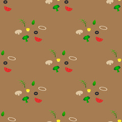 Wall Mural - Organic vegetables vector seamless pattern, healthy garden eco vegetables. Onion, broccoli, tomato, corn, mushroom, arugula, basil olive on brown background