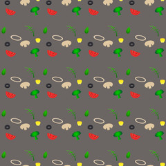 Wall Mural - Organic vegetables vector seamless pattern, healthy garden eco vegetables. Onion, broccoli, tomato, corn, mushroom, arugula, basil olive on gray background