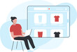 © vernStudio - Vector concept illustration of a woman piking clothes from laptop screen, looking through items in an online store. It represents a concept of online shopping, website design or modern landing page