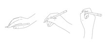 Set Of Sketch Line Illustrations Of Hand Holding Pen And Writing Or Drawing In Three Different Gesture Positions