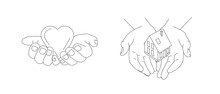 Line Illustration Of Hands Gesture With Hands Holding Heart And Giving House, Family Values And Love