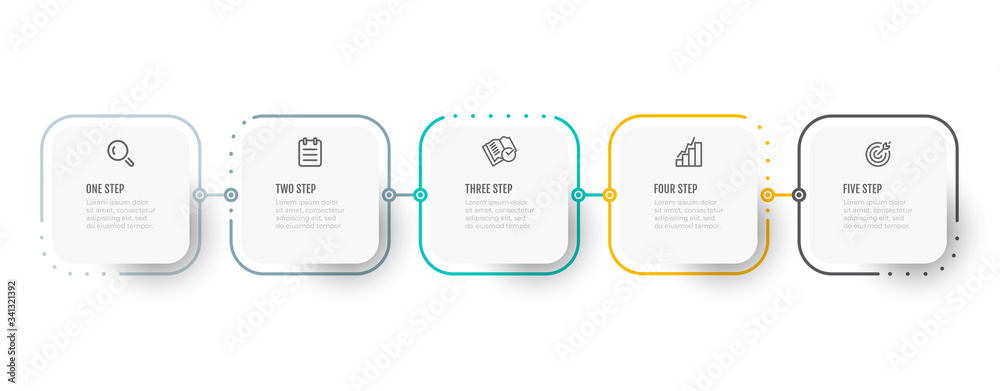 Business infographic thin line process with square template design with icons and 5 options or steps. Vector illustration. - obrazy, fototapety, plakaty 
