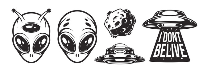 Aliens logo big set. Ufo Day. Meteor, asteroid. Badges with spaceships and abduction. Civiliztion research labels. Vector illustration.