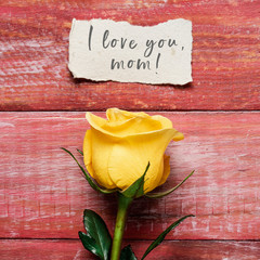 Poster - yellow rose and text I love you mom in a note