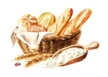 Backery Concept. Basket With Fresh Pastries With Wheat Ears, Grains And A Of Flour. Hand Drawn Watercolor, Illustration Isolated On White Background