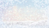 Fototapeta Natura - Winter Merry christmas and happy new year  background. Beautiful snowdrifts with light, bokeh circles, snow flakes. Copy space, banner