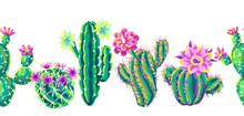 Seamless Pattern With Cacti And Flowers.