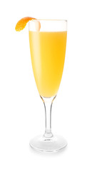 Glass of tasty mimosa cocktail on white background