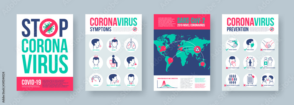 Coronavirus poster set with infographics elements. Novel coronavirus 2019-nCoV banners. Concept of dangerous Covid-19 pandemic. Vector illustration. - obrazy, fototapety, plakaty 