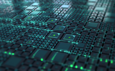 Poster - Cyber technology in digital abstract space. Computer of future, circuit board and hardware 3d illustration. Information Network and Global Database