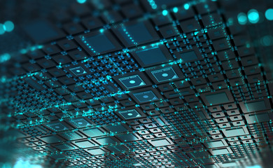Poster - Cyber technology in digital abstract space. Computer of future, circuit board and hardware 3d illustration. Information Network and Global Database