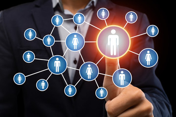 Poster - Guy clicks on abstract button with silhouette of human