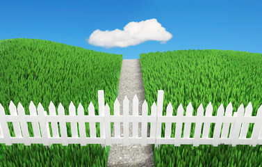 Wall Mural - Beautiful summer landscape with a white fence and a footpath going to horizon along a wide green grassy field. 3D illustration