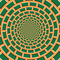 Wall Mural - Optical motion illusion vector background. Green bricks shapes move around the center on orange background.