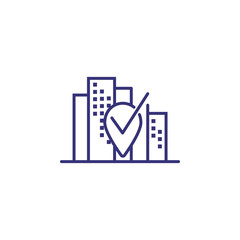 Poster - Office location line icon. Building, skyscraper, city, mark pointer, check. Business concept. Can be used for topics like contact information, navigation, app design