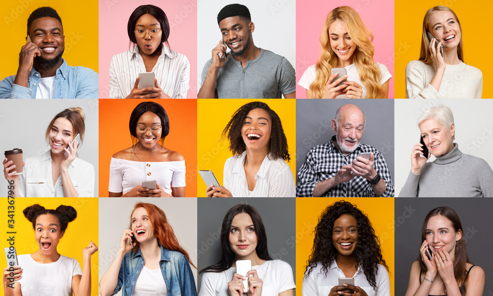 Happy multiracial people using mobile phones on color background, collage - obrazy, fototapety, plakaty 