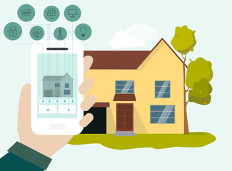 Poster - Smart technologies. Illustration of person using modern home control system on mobile phone