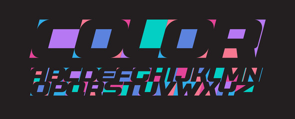 Poster - Color oblique font for dynamic scenes from negative space of letters, vector color typography