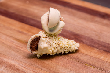 Ice cream cone stuffed with dulce de leche, chocolate, brigadeiro, coconut