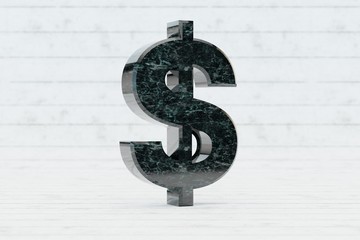 Wall Mural - Marble 3d dollar symbol. Dark green marble sign on white wood background. 3d render.