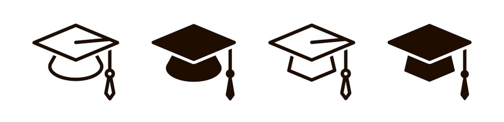 Graduation cap vector icon set isolated. Graduation hat sign, symbol in line and flat style isolated on white background. Vector illustration