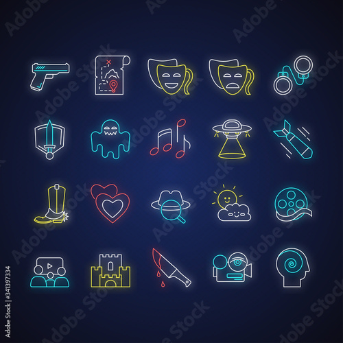 Cuadros en Lienzo Movie genres neon light icons set