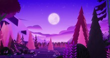 Beautiful Fabulous Night Purple-pink Coniferous Forest. View Of The Night Sky With Stars And A Bright Moon Between The Rocks. Charming Magical Wild Forest. Easy Swaying Of The Camera. Seamless Loop.