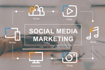 Poster - Unrecognizable African American vlogger publishing new video online, collage with SMM icons. Social media marketing