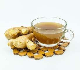 hot ginger tea with ginger root isolated on white background