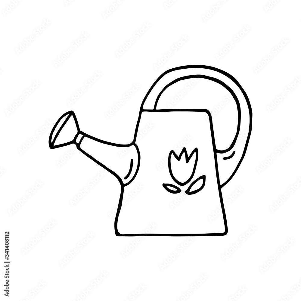 Hand drawn vector doodle illustration of watering can with flower ...