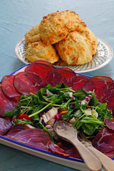 An arugula and radicchio salad with slices of bresaola, Italian dried beef