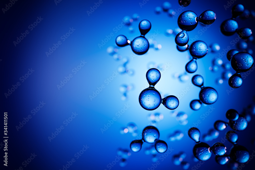 3d render: Models of H2O water molecules in front of blue background ...