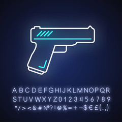 Sticker - Action flick neon light icon. Outer glowing effect. Sign with alphabet, numbers and symbols. Popular movie genre, common cinema category. Handgun, weapon vector isolated RGB color illustration