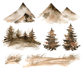 Watercolor hand painted fir trees, mountains, fields. Illustration with brown forest and landmark. Isolated landscape on white background drawing for textile, prints, poster, travel design.