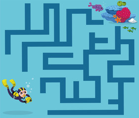 Wall Mural - Help diver to rich the reef. Maze game for children. Vector illustration.