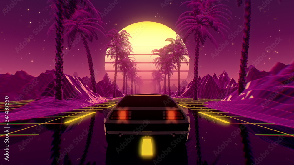 80s retro futuristic sci-fi 3D illustration with vintage car. Riding in retrowave VJ videogame landscape, neon lights and low poly grid. Stylized cyberpunk vaporwave background. 4K - obrazy, fototapety, plakaty 