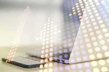 Poster - Creative abstract upward arrows hologram on modern computer background, leadership and motivation concept. Multiexposure