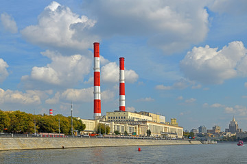 Thermal power plant at Berezhkovskaya Embankment, 16, commissioned in June 1941. Autumn day. Moscow, Russia