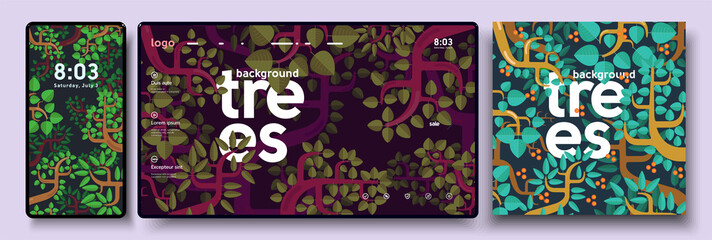 Vector illustration. Summer, nature, leaves, trees. A set of backgrounds for mobile phone, desktop, and cover art.