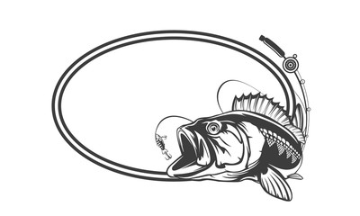 Fishing logo. Bass fish with rod club emblem. Fishing theme illustration. Isolated on white.