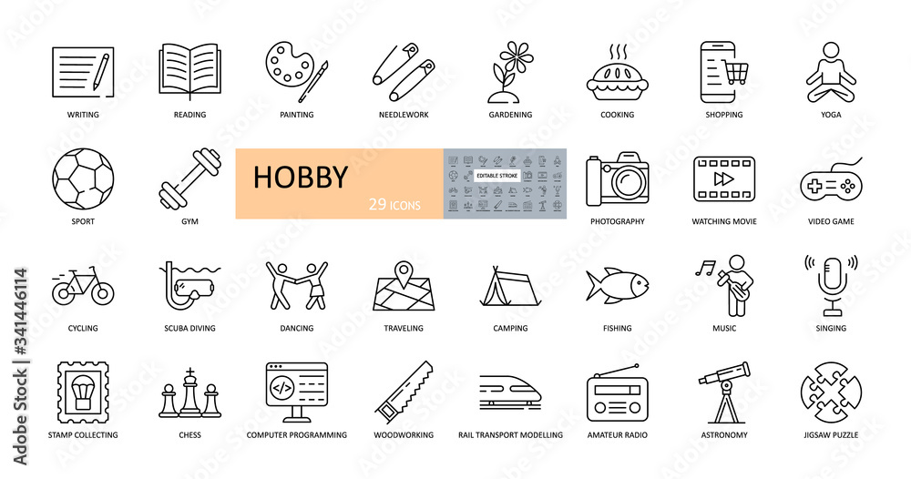 Vector hobby icons. Editable Stroke. Hobbies for children and adults at home and outdoors. Sports, diving, dancing, reading, drawing, music and singing, collecting, chess, astronomy, photo and video - obrazy, fototapety, plakaty 