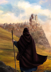 Wall Mural - illustration fantasy d'un mage devant une ville avec château