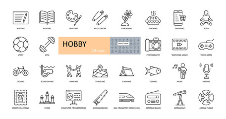 Vector hobby icons. Editable Stroke. Hobbies for children and adults at home and outdoors. Sports, diving, dancing, reading, drawing, music and singing, collecting, chess, astronomy, photo and video