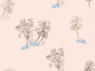 Isolated Groups of Palms in the Sea, Islands, Beach, Ocean Hawaiian Print on Pink Background, Banana Trees Tropical Plants Hawaii, Tropics Seamless Pattern Hand Drawn