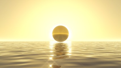 heavenly sunrise on golden sea with golden ball on front of sun. 3d illustration