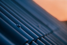 Metal Screw Head On The Roof At Sunset. Close Up Of Bolts Holding Rooftop Plates. Nobody