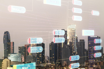 Poster - Multi exposure of abstract graphic coding sketch on Los Angeles cityscape background, big data and networking concept
