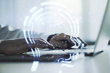 Poster - Creative artificial Intelligence concept with human head hologram and hands typing on laptop on background. Multiexposure
