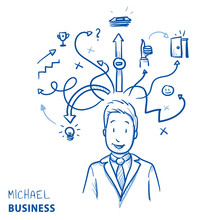 Happy Modern Business Man, With Arrows And Strategy Icons, Concept For Planning, Strategy, Idea. Hand Drawn Line Art Cartoon Vector Illustration.